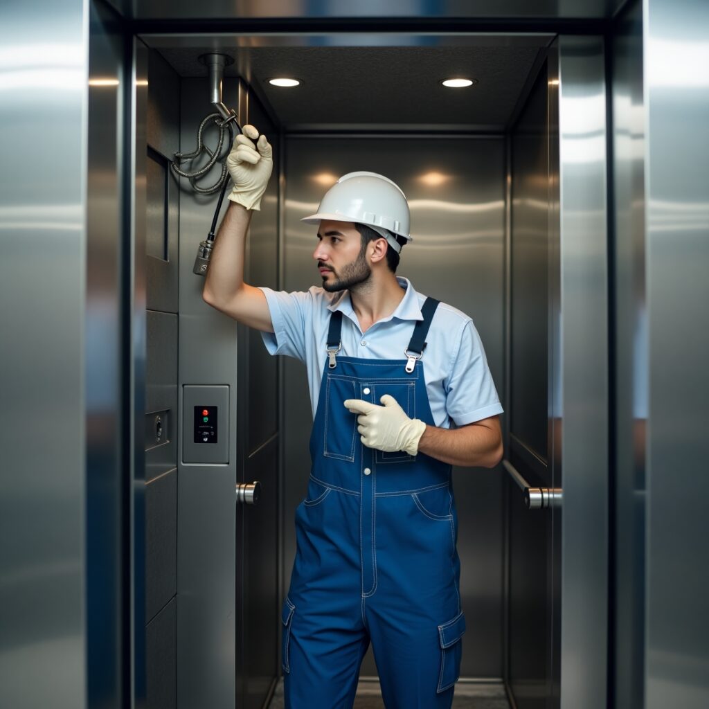 A professional elevator technician, wearing a white hat, blue overalls, and protective gloves, inspects equipment inside a modern elevator.