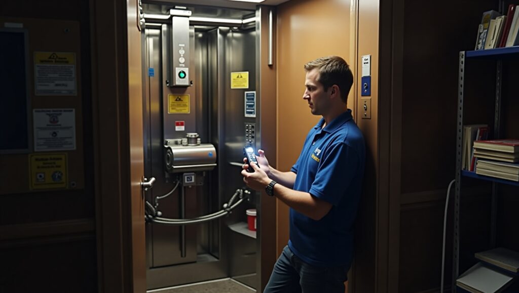 Elevator technician inspecting a modern elevator control panel using a handheld diagnostic device