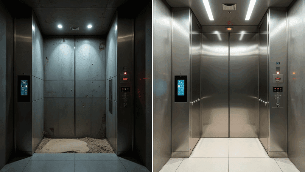 Split-screen comparison showing a worn-out, outdated elevator on the left and a modern, upgraded elevator on the right, highlighting the benefits of elevator replacement.