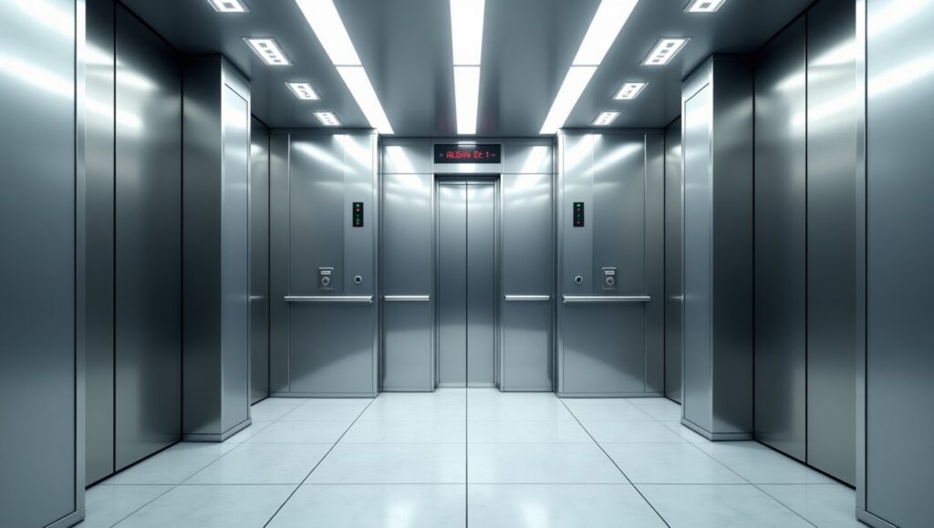 Modernized commercial elevator interior with sleek stainless steel walls, LED lighting, and updated control panels for improved safety and efficiency.