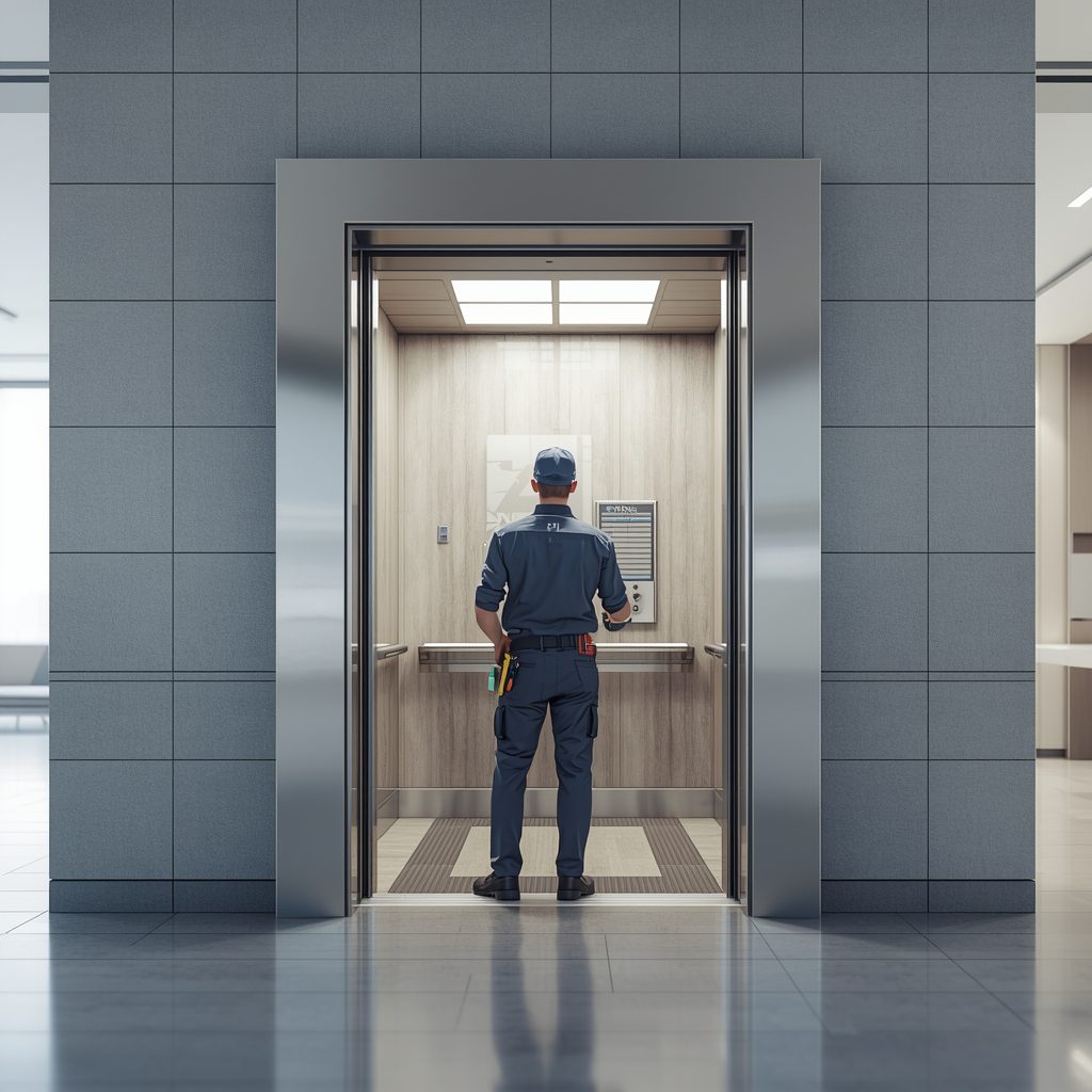 Elevator technician performing a routine inspection inside a modern commercial elevator.