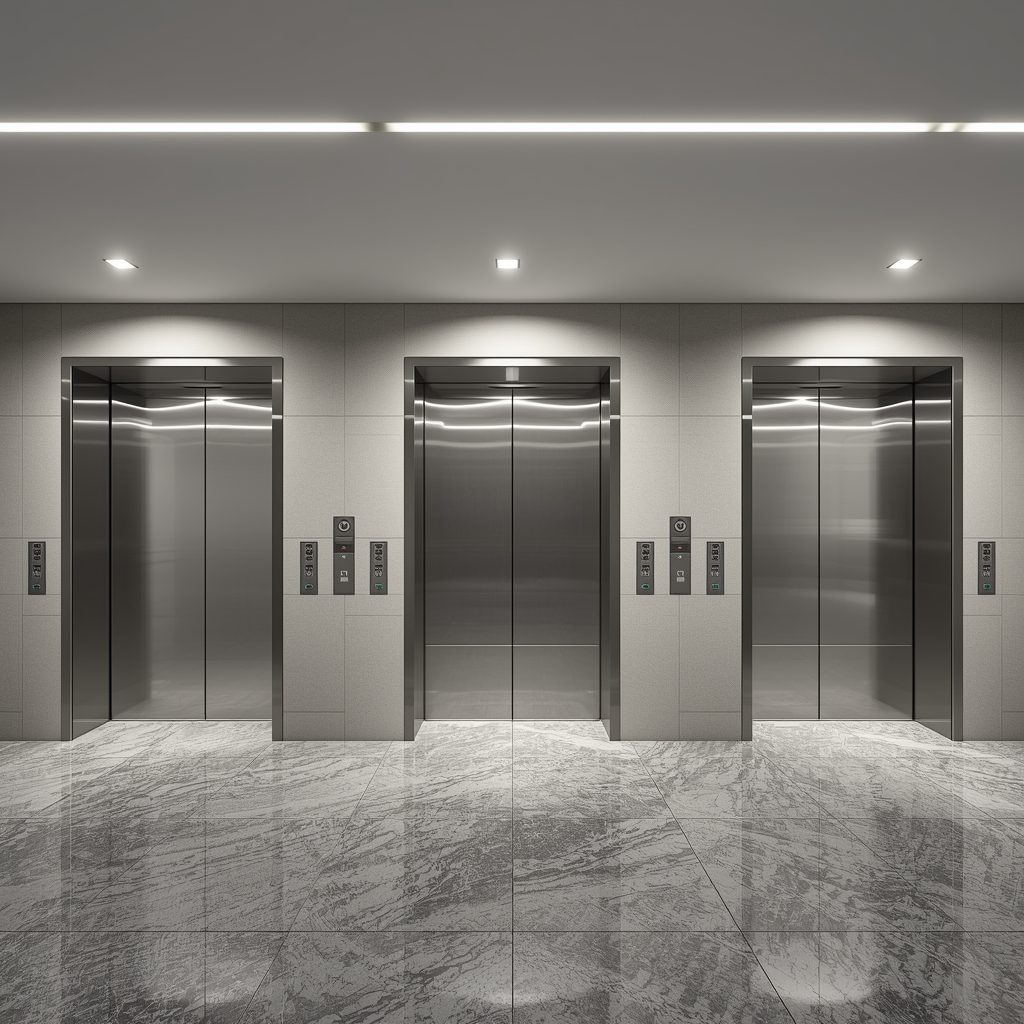 Modern commercial building interior with multiple elevator doors for property owners and facility managers